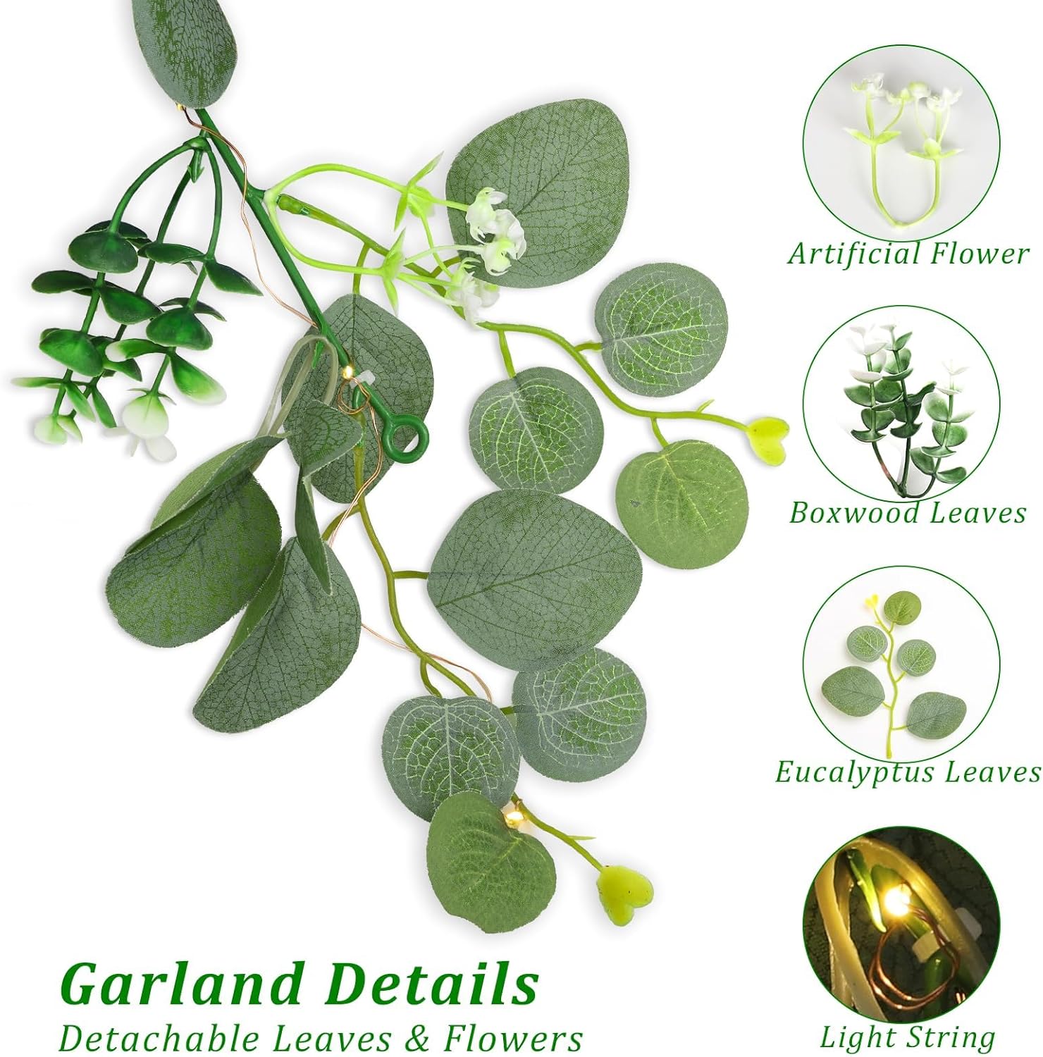 N&T NIETING 1 Pack Artificial Eucalyptus Garland with Lights, 6FT Artificial Greenery Garlands, Battery Operated Twig Vine for Room Stairs Mantle Wedding Holiday Easter Decoration Indoor Outdoor